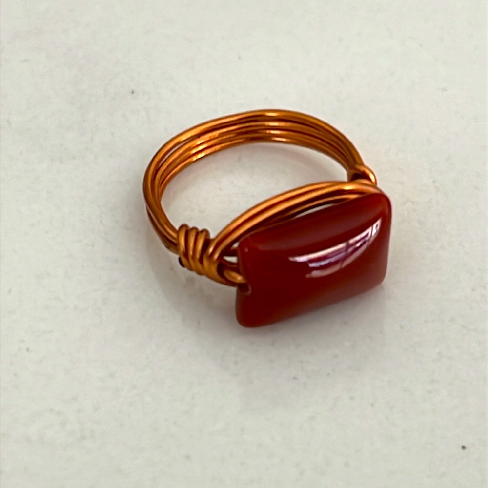 Hand-crafted Artisan Wire Wrapped Ring with Rectangular Smooth Agate Stone